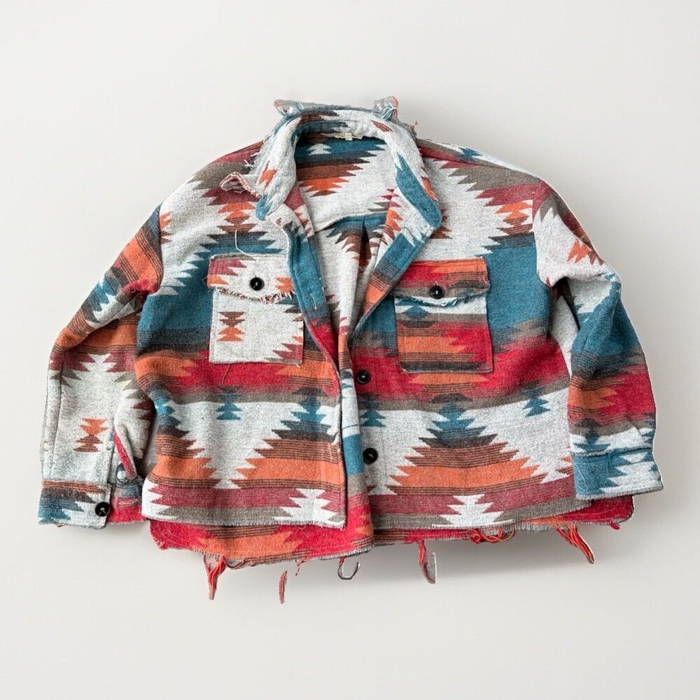La Miel Aztec Southwestern Shacket Jacket Small S Oversized Frayed Hem Western